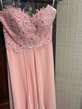 Prom: Strapless Blush Pink Beaded Lace Prom Gown - corset back NWT